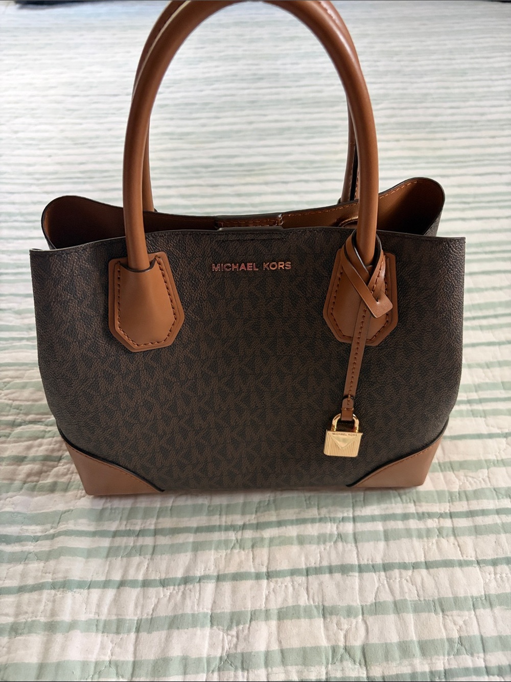 Michael Kors Brown MK Logo Satchel with Tan Trim and Gold Hardware